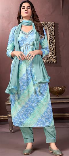 Festive, Party Wear, Reception Blue color Salwar Kameez in Rayon fabric with A Line Bandhej, Embroidered, Thread work : 1936469