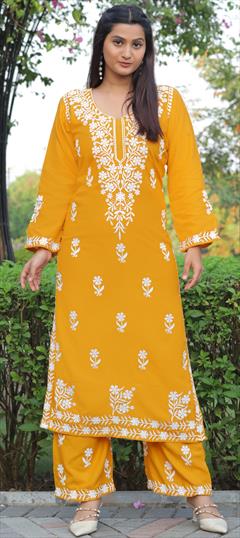 Casual, Summer Yellow color Salwar Kameez in Rayon fabric with Embroidered, Resham, Thread work : 1936496