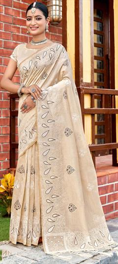 Festive, Traditional Beige and Brown color Saree in Tussar Silk fabric with South Fancy Work work : 1936695
