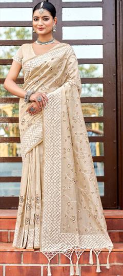 Festive, Traditional Beige and Brown color Saree in Tussar Silk fabric with South Fancy Work work : 1936700