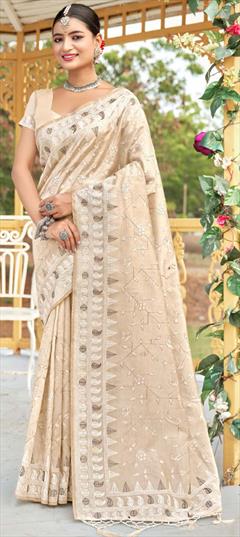 Festive, Traditional Beige and Brown color Saree in Tussar Silk fabric with South Fancy Work work : 1936702