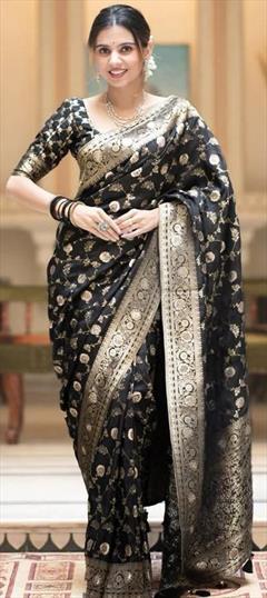Party Wear, Traditional Black and Grey color Saree in Art Silk, Silk fabric with South Weaving work : 1936709