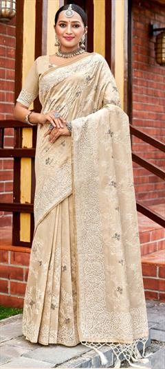 Festive, Traditional Beige and Brown color Saree in Tussar Silk fabric with South Fancy Work work : 1936714
