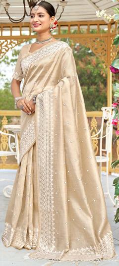 Festive, Traditional Beige and Brown color Saree in Tussar Silk fabric with South Fancy Work work : 1936718