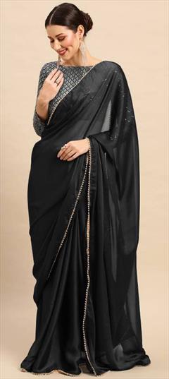 Casual Black and Grey color Saree in Georgette fabric with Classic Lace, Sequence work : 1936744
