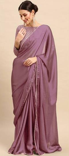 Casual Purple and Violet color Saree in Georgette fabric with Classic Lace, Sequence work : 1936748