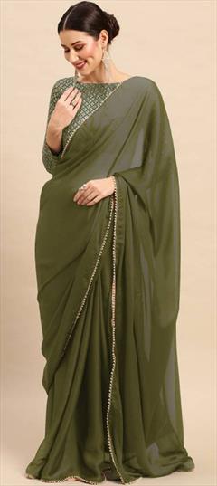 Casual Green color Saree in Georgette fabric with Classic Lace, Sequence work : 1936749