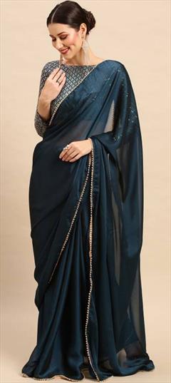 Casual Blue color Saree in Georgette fabric with Classic Lace, Sequence work : 1936750