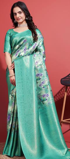 Traditional Blue color Saree in Art Silk, Silk fabric with South Floral, Printed, Weaving work : 1936764