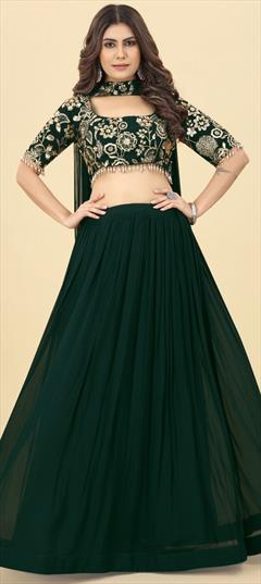 Engagement, Reception, Wedding Green color Ready to Wear Lehenga in Georgette fabric with Flared Sequence, Thread work : 1936785