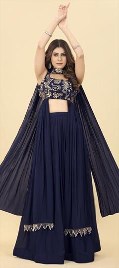 Engagement, Reception, Wedding Blue color Ready to Wear Lehenga in Georgette fabric with Flared Sequence, Thread work : 1936796