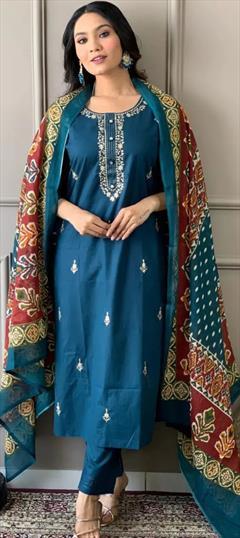 Festive, Reception Blue color Salwar Kameez in Rayon fabric with Straight Embroidered, Printed, Thread work : 1936813