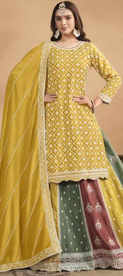 Engagement, Reception, Wedding Yellow color Long Lehenga Choli in Silk fabric with Embroidered, Resham, Sequence, Thread work : 1936814