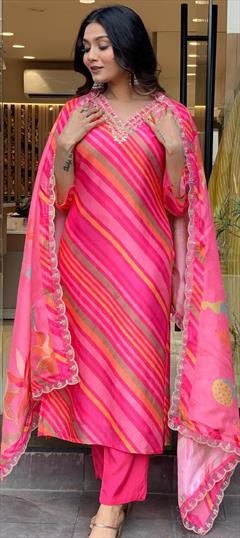 Festive, Reception Pink and Majenta color Salwar Kameez in Silk fabric with Straight Embroidered, Printed, Thread work : 1936815