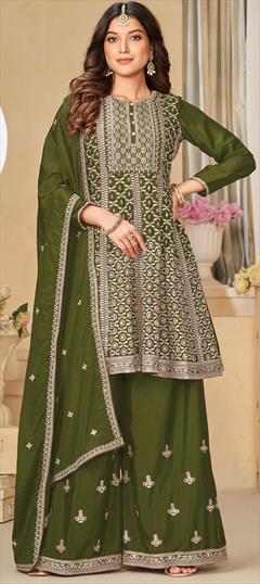 Engagement, Reception, Wedding Green color Salwar Kameez in Silk fabric with Anarkali, Palazzo Embroidered, Sequence, Thread, Zari work : 1936823