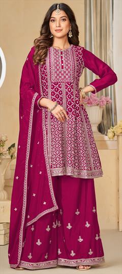 Engagement, Reception, Wedding Pink and Majenta color Salwar Kameez in Silk fabric with Anarkali, Palazzo Embroidered, Sequence, Thread, Zari work : 1936824