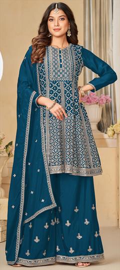 Engagement, Reception, Wedding Blue color Salwar Kameez in Silk fabric with Anarkali, Palazzo Embroidered, Sequence, Thread, Zari work : 1936827