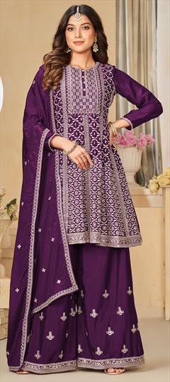 Engagement, Reception, Wedding Purple and Violet color Salwar Kameez in Silk fabric with Anarkali, Palazzo Embroidered, Sequence, Thread, Zari work : 1936833