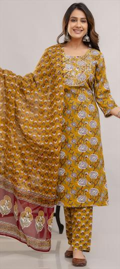 Festive, Reception Yellow color Salwar Kameez in Rayon fabric with Straight Embroidered, Printed, Sequence, Thread work : 1936845