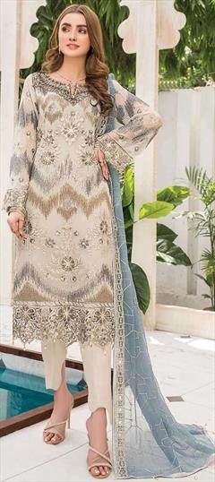 Festive, Reception Beige and Brown color Salwar Kameez in Faux Georgette fabric with Pakistani, Straight Embroidered, Sequence, Thread work : 1936846