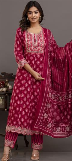 Festive, Reception Pink and Majenta color Salwar Kameez in Rayon fabric with Anarkali Embroidered, Printed, Sequence, Thread work : 1936851