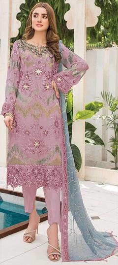 Festive, Reception Pink and Majenta color Salwar Kameez in Faux Georgette fabric with Pakistani, Straight Embroidered, Sequence, Thread work : 1936853