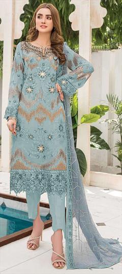 Festive, Reception Blue color Salwar Kameez in Faux Georgette fabric with Pakistani, Straight Embroidered, Sequence, Thread work : 1936857