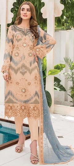 Festive, Reception Beige and Brown color Salwar Kameez in Faux Georgette fabric with Pakistani, Straight Embroidered, Sequence, Thread work : 1936859