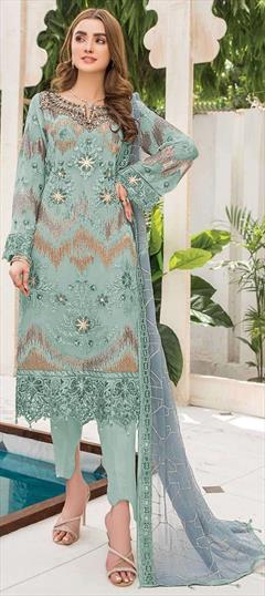 Festive, Reception Green color Salwar Kameez in Faux Georgette fabric with Pakistani, Straight Embroidered, Sequence, Thread work : 1936860