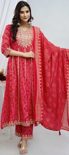 Festive, Reception Red and Maroon color Salwar Kameez in Rayon fabric with Anarkali Bandhej, Printed, Sequence, Thread, Zari work : 1936861