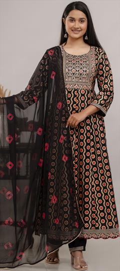 Festive, Reception Black and Grey color Salwar Kameez in Rayon fabric with Anarkali Embroidered, Printed, Sequence, Thread work : 1936865