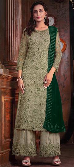Engagement, Festive, Reception Green color Salwar Kameez in Net fabric with Palazzo, Straight Embroidered, Resham, Thread work : 1936867
