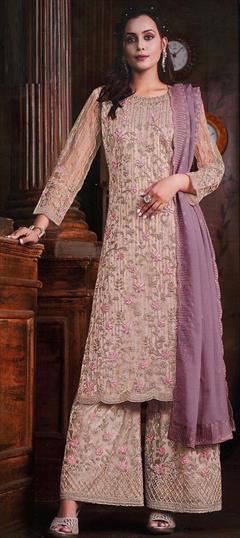 Engagement, Festive, Reception Pink and Majenta color Salwar Kameez in Net fabric with Palazzo, Straight Embroidered, Resham, Thread work : 1936871