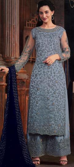 Engagement, Festive, Reception Black and Grey color Salwar Kameez in Net fabric with Palazzo, Straight Embroidered, Resham, Thread work : 1936873