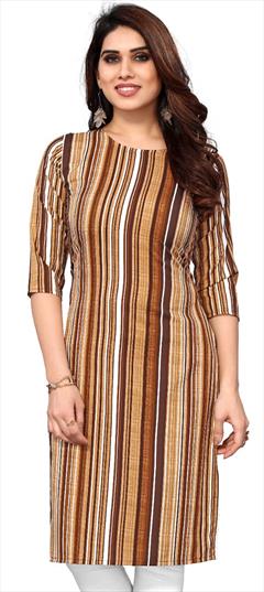 Casual Beige and Brown color Kurti in Crepe Silk fabric with Long Sleeve, Straight Printed work : 1936885