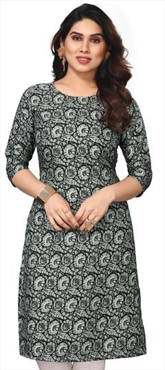 Casual Black and Grey color Kurti in Crepe Silk fabric with Long Sleeve, Straight Printed work : 1936892