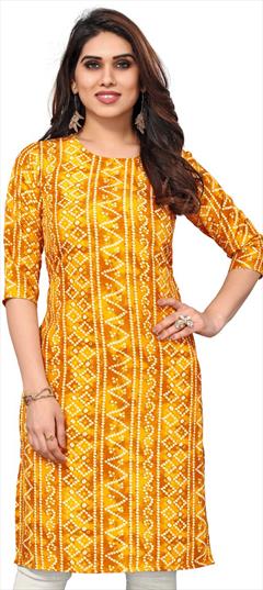 Casual Yellow color Kurti in Crepe Silk fabric with Long Sleeve, Straight Printed work : 1936922