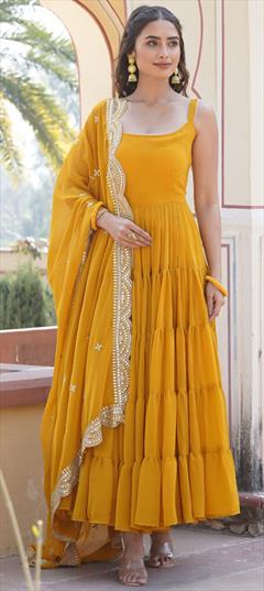 Festive, Party Wear Yellow color Gown in Georgette fabric with Sequence work : 1936934
