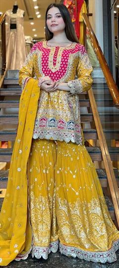 Engagement, Mehendi Sangeet, Wedding Yellow color Salwar Kameez in Faux Georgette fabric with Sharara, Straight Embroidered, Sequence, Thread work : 1936945