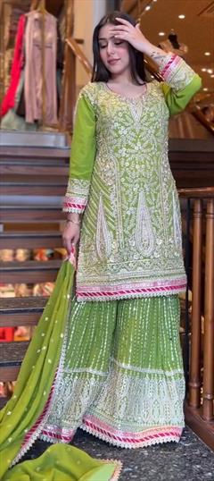 Engagement, Mehendi Sangeet, Wedding Green color Salwar Kameez in Faux Georgette fabric with Sharara, Straight Embroidered, Sequence, Thread work : 1936946
