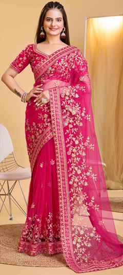 Festive, Party Wear, Wedding Pink and Majenta color Saree in Net fabric with Classic Embroidered, Thread work : 1936965