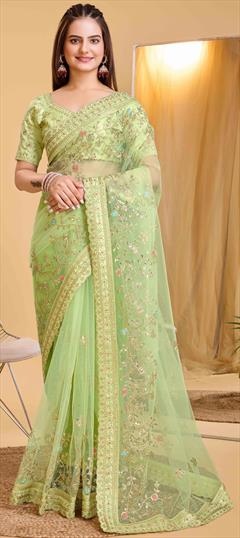 Festive, Party Wear, Wedding Green color Saree in Net fabric with Classic Embroidered, Thread work : 1936966