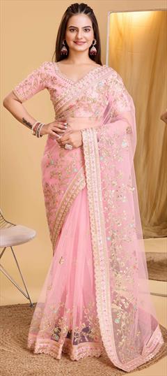 Festive, Party Wear, Wedding Pink and Majenta color Saree in Net fabric with Classic Embroidered, Thread work : 1936967