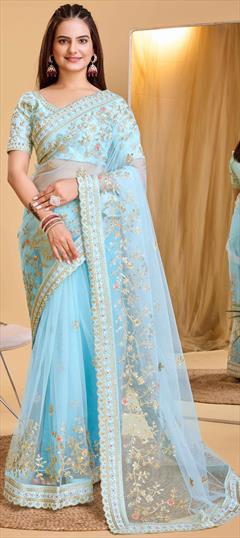 Festive, Party Wear, Wedding Blue color Saree in Net fabric with Classic Embroidered, Thread work : 1936968