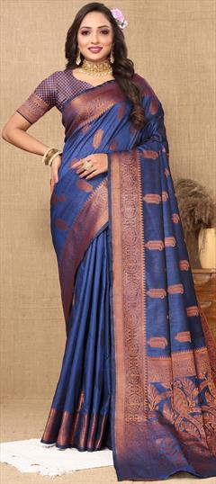 Party Wear, Traditional Blue color Saree in Silk cotton fabric with South Weaving, Zari work : 1936969
