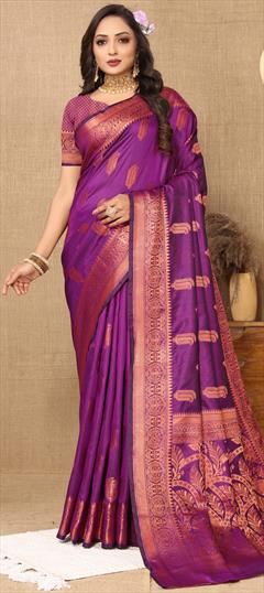 Party Wear, Traditional Pink and Majenta color Saree in Silk cotton fabric with South Weaving, Zari work : 1936970