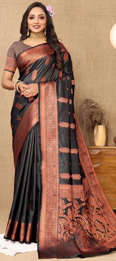 Party Wear, Traditional Black and Grey color Saree in Silk cotton fabric with South Weaving, Zari work : 1936971