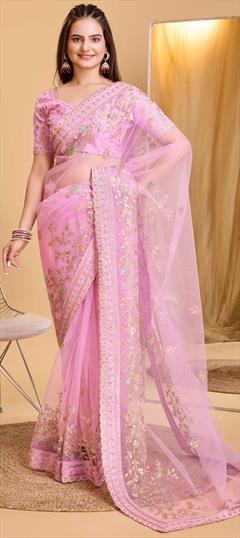Festive, Party Wear, Wedding Pink and Majenta color Saree in Net fabric with Classic Embroidered, Thread work : 1936972