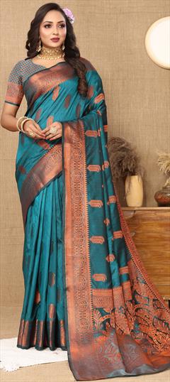 Traditional, Wedding Blue color Saree in Silk cotton fabric with South Weaving, Zari work : 1936973