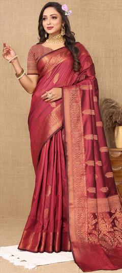 Party Wear, Traditional Red and Maroon color Saree in Silk cotton fabric with South Weaving, Zari work : 1936974